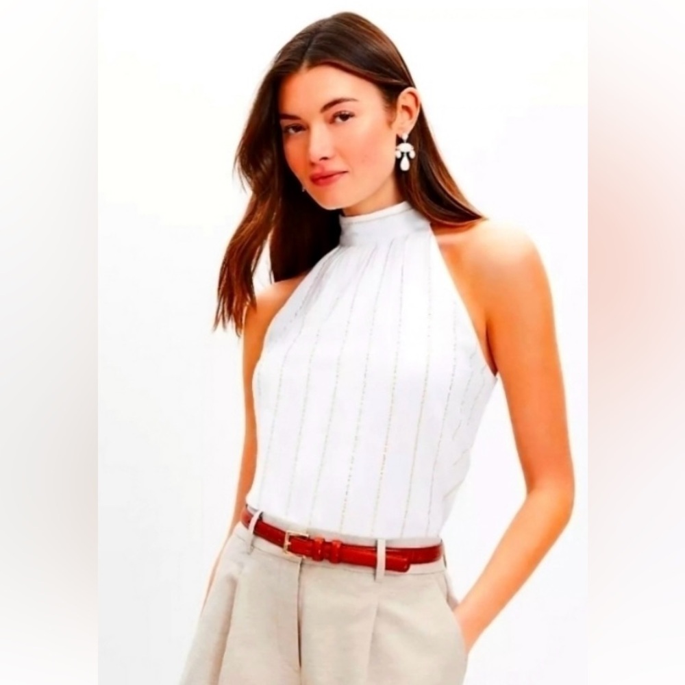 LOFT Women X-Small Gold Shimmer Stripe Halter Neck Sleeveless Tied Neck